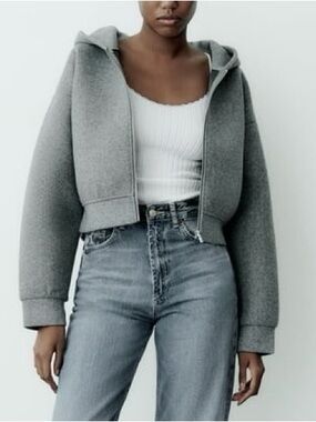 NWT Zara Neoprene Effect Gray Hooded Cropped Zip Up Jacket Size S